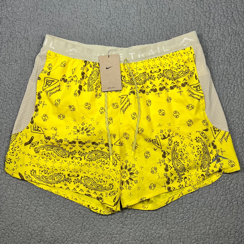 Nike Trail Dri-FIT Running Shorts Mens Large Yellow Paisley HJ4174-718 6 Inch